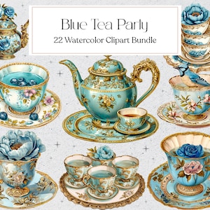 22 Clipart di tazze da tè blu vintage, Clipart di tazze da tè con mirtilli acquerellati, tazze da tè blu e oro, uso commerciale, download immediato