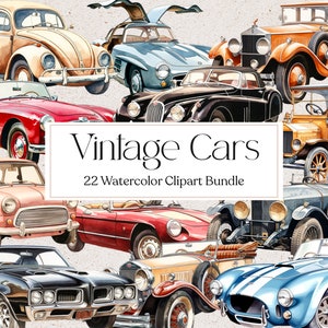 22 Vintage Cars Clipart, Classic Car Clipart, Scrapbooking, Junk Journal, Natychmiastowe pobieranie, Wykorzystanie komercyjne