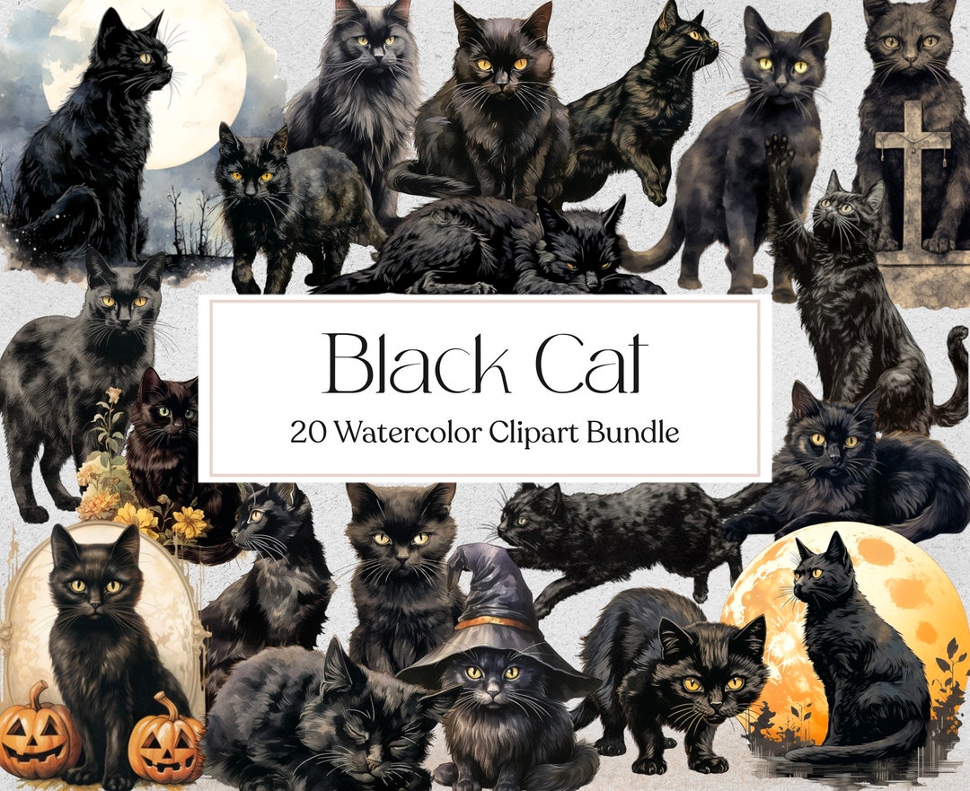20 Watercolor Black Cats Clipart, Black Kittens, Black Cat Png ...
