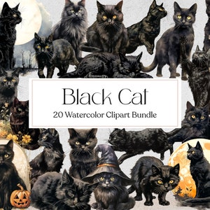 20 cliparts aquarelle chats noirs, chatons noirs, chat noir Png, clipart chat mystique, téléchargement immédiat, usage Commercial