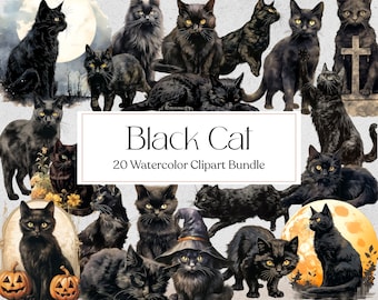 20 imagens de gatos pretos em aquarela, gatinhos pretos, PNG de gato preto, imagens de gatos místicos, download instantâneo, uso comercial.