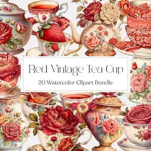 20 Clipart de chá vintage vermelho aquarela, clipart de chá de jardim, gráficos de festa do chá, download instantâneo, uso comercial