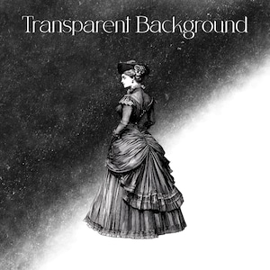 Pu&ograve; includere: Illustrazione in bianco e nero di una donna con un abito e un cappello in stile vittoriano, vista da dietro. Il testo "Transparent Background" &egrave; nella parte superiore dell'immagine.