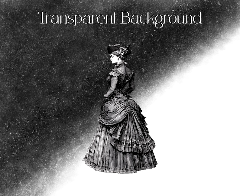 Pu&ograve; includere: Illustrazione in bianco e nero di una donna con un abito e un cappello in stile vittoriano, vista da dietro. Il testo "Transparent Background" &egrave; nella parte superiore dell'immagine.