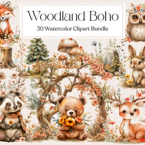 30 Woodland Boho Watercolor Clipart, Watercolor Woodland Animals Clipart, Nursery decoration, Instant Download