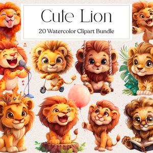 20 Clipart de leão fofo, Clipart de leão bebê aquarela, Clipart de safári, Chá de bebê, Berçário, Convite, Download instantâneo
