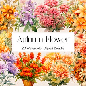 20 Watercolor Autumn Flower, Fall Floral Clipart, Flower Bouquet PNG, Invitation, Instant Download, Commercial Use