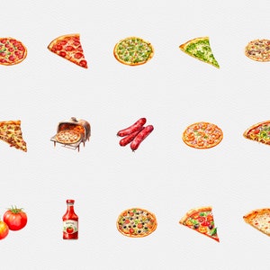 Może przedstawiać: Aquarela przedstawiająca r&oacute;żne pizze, w tym pepperoni, warzywne i serowe, a także dodatki do pizzy, takie jak kiełbasa, pomidory i ketchup.