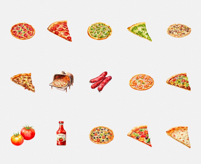 Może przedstawiać: Aquarela przedstawiająca r&oacute;żne pizze, w tym pepperoni, warzywne i serowe, a także dodatki do pizzy, takie jak kiełbasa, pomidory i ketchup.