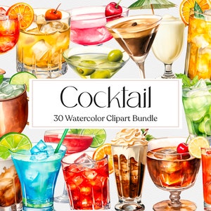 Aquarelle cocktail 30 cliparts, cliparts boissons, cliparts été, boissons alcoolisées, téléchargement immédiat, usage Commercial
