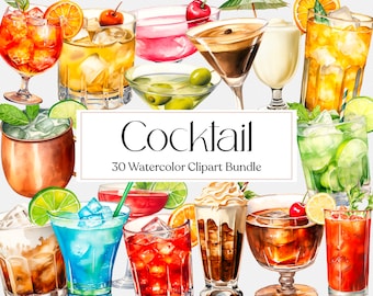 May include: A collection of 30 watercolor illustrations of various cocktails. The illustrations are in a variety of colors and styles, and include classic cocktails like margaritas, mojitos, and martinis, as well as more modern cocktails. The illustrations are perfect for use in digital or printed projects, such as invitations, menus, or social media graphics.