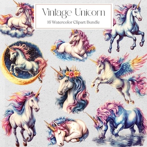 Vintage Unicorn Clipart, Watercolor Rainbow Unicorn Graphic, Fantasy Unicorn, Scrapbooking, Instant Download