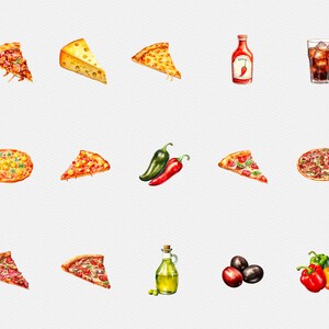 Może przedstawiać: Aquarela przedstawiająca r&oacute;żne dodatki do pizzy, w tym pepperoni, ser i warzywa. Są też obrazy butelki oliwy z oliwek, butelki ostrego sosu, szklanki coli i kawałka sera.
