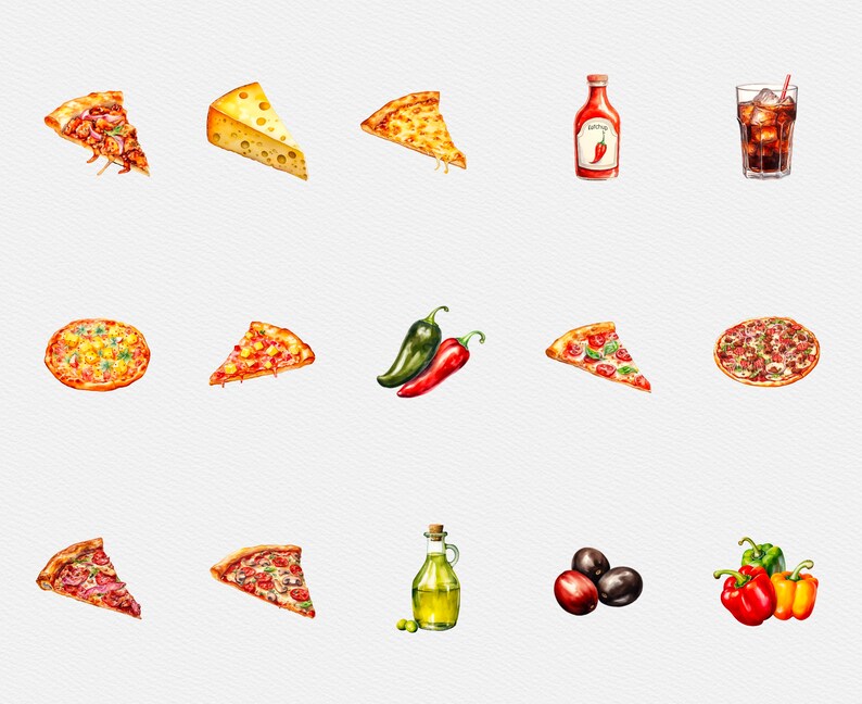 Może przedstawiać: Aquarela przedstawiająca r&oacute;żne dodatki do pizzy, w tym pepperoni, ser i warzywa. Są też obrazy butelki oliwy z oliwek, butelki ostrego sosu, szklanki coli i kawałka sera.