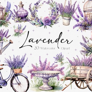 20 Watercolor Lavender Clipart, Provence floral PNG, Gardening Clipart, Instant Download, Commercial Use