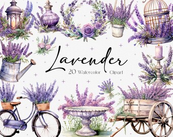 20 Watercolor Lavender Clipart, Provence floral PNG, Gardening Clipart, Instant Download, Commercial Use