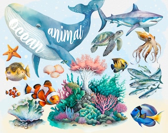 May include: A watercolor illustration of various ocean animals, including a whale, shark, octopus, sea turtle, pufferfish, clownfish, and angelfish. The animals are surrounded by coral reefs and seaweed.