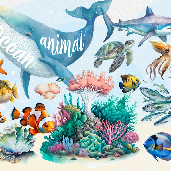 40 Ocean Animal Clipart, Sea Animal Clipart, Whale, Dolphin, Sea Turtle, Ocean Nursery