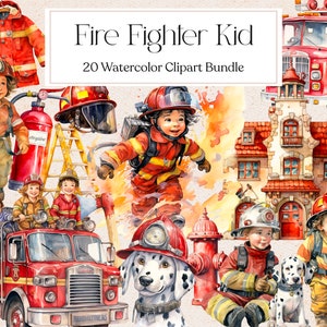 20 Clipart enfant pompier, aquarelle pompier Png, clipart camion de pompier, anniversaire de pompier, téléchargement immédiat