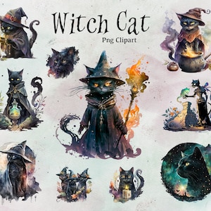 25 Witch Cat Clipart, Celestial Black Cat Clipart, Cat Png, Magic Clipart, Witchcraft Png, Instant Download, Commercial Use