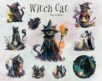 25 Witch Cat Clipart, Celestial Black Cat Clipart, Cat Png, Magic Clipart, Witchcraft Png, Instant Download, Commercial Use