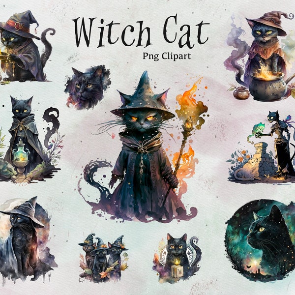 25 Witch Cat Clipart, Celestial Black Cat Clipart, Cat Png, Magic Clipart, Witchcraft Png, Instant Download, Commercial Use