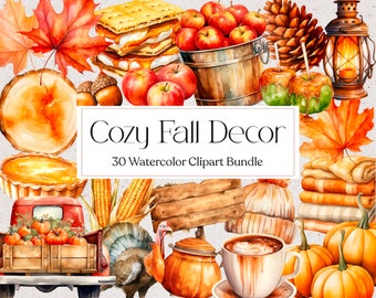 30 Watercolor Fall Decor Clipart, Cozy Decor Autumn Clipart, Fall Digital Sticker, Scrapbooking autumn, Instant download, Commercial Use