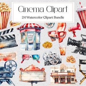24 Cinema Watercolor Clipart, Watercolor Movie Theater Clipart, Popcorn Clipart, Movie Clipart, Instant Download