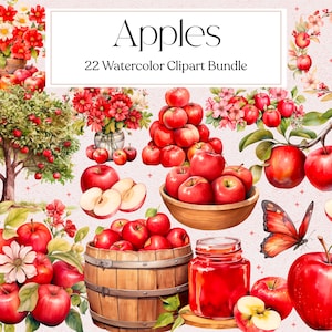 Imágenes prediseñadas de manzana en acuarela, decoración de manzana, flores de manzana, imágenes prediseñadas de manzanos, uso comercial, descarga instantánea