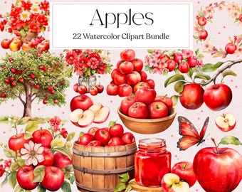 May include: A watercolor clipart bundle of 22 red apples. The apples are in various stages of ripeness and are arranged in a variety of ways, including in a bowl, on a branch, and in a barrel. The clipart is perfect for adding a touch of autumn to your designs.