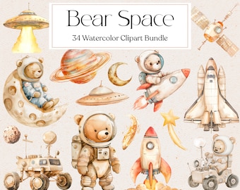 34 Cute Space Bear Clipart, Watercolor Cute Bear Astronaut Clip art, Nursery Decor, Space Clip Art, Rocket Png, Instant Download