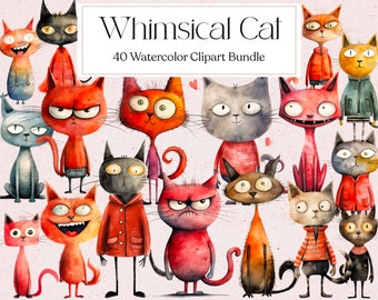 Clipart de Gato Fantástico, Clipart de Gato Fofo em Aquarela, Gato Mágico PNG, Arte Fantástica, Uso Comercial, Download Instantâneo