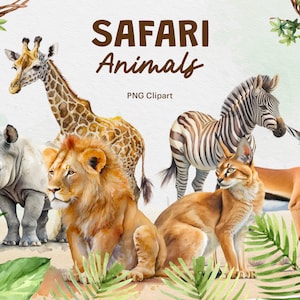 30 imágenes prediseñadas de animales de safari en acuarela: elefante, león, cebra, decoración infantil, baby shower, descarga instantánea, uso comercial