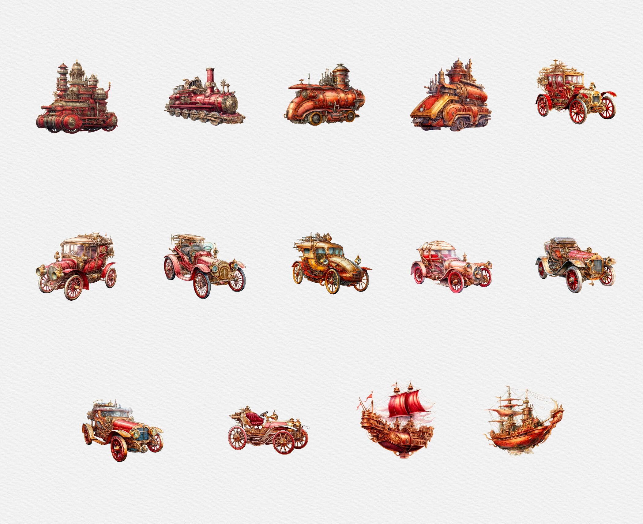 28枚の赤いスチームパンクな乗り物のクリップアート、水彩画風