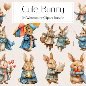 24 Cute Bunny Watercolor Clipart, Vintage Rabbits Clipart, Easter Bunny Clipart, Commercial Use, Instant Download