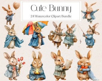 24 Cute Bunny Watercolor Clipart, Vintage Rabbits Clipart, Easter Bunny Clipart, Commercial Use, Instant Download
