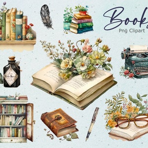 16 Clipart di libri d&#39;epoca, libri ad acquerello PNG, Clipart di biblioteca, Clip art di letteratura, Download immediato, Uso commerciale