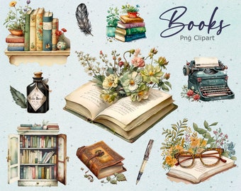 May include: A watercolor illustration of a collection of books, a typewriter, a bottle of ink, and a bookshelf. The illustration features a vintage aesthetic with floral accents and a light blue background. The text "Books Png Clipart" is included in the image.