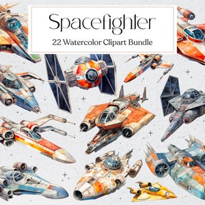 Spaceship Fighter Watercolor Clipart, Spacefighter Clipart, Spacecraft, Sci-fi, Stars, Wars, Instant Download