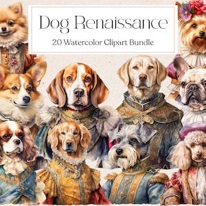 20 imágenes prediseñadas de perros renacentistas, imágenes prediseñadas vintage de perros en acuarela, retratos de perros, caras de perros PNG, amantes de los perros, fantasía canina, descarga instantánea