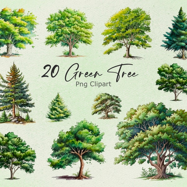 20 Green Trees watercolor clipart, Forest Png, Tree Cipart, Botanical Art, Instant Download, Commercial License