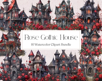 16 Aquarell Gothic Haus Clipart, Rosen Gothic Haus Clipart, Dark Fantasy Aquarell, Scrapbooking, Instant Download, kommerzielle Nutzung