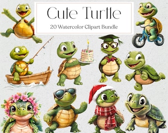 20 Cute Turtle Clipart, Baby Turtle Watercolor Clipart, Little Tortoise Graphics, Nursery Decor, Instant Download