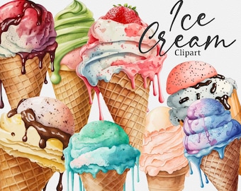 20 Ice Cream Clipart, Watercolor Ice Cream, Dessert Printable, Summer Clipart, Instant Download, Commercial Use