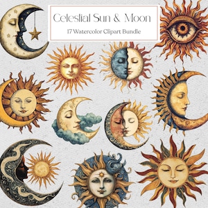 Celestial Sun & Moon Clipart, Vintage Sun and Moon Graphic, Scrapbooking, Instant Download