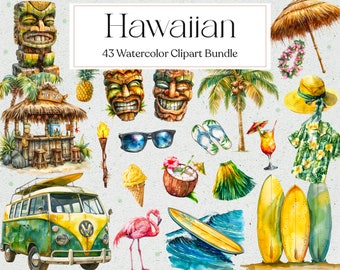 May include: A watercolor clipart bundle featuring 43 Hawaiian-themed illustrations. The bundle includes images of a tiki bar, palm trees, surfboards, a pineapple, a coconut, a flamingo, a lei, a hula skirt, sunglasses, and more.