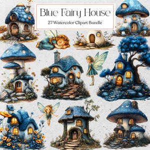 Clipart della casa delle fate azzurre, fata acquerello, clipart fantasy, scrapbooking, download istantaneo