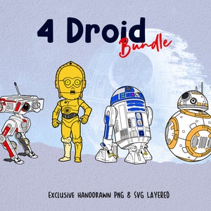 4 Droid SVG Bundel, Galaxy Wars Svg, Robot Clipart, C3P0 Clipart, Dode Ster Svg, Gelaagde Svg