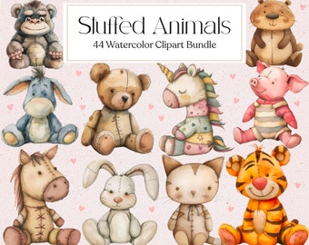 44 Clipart di animali di peluche carini vintage, clipart di bambole di animali dell'acquerello, clipart di giocattoli, uso commerciale, download istantaneo