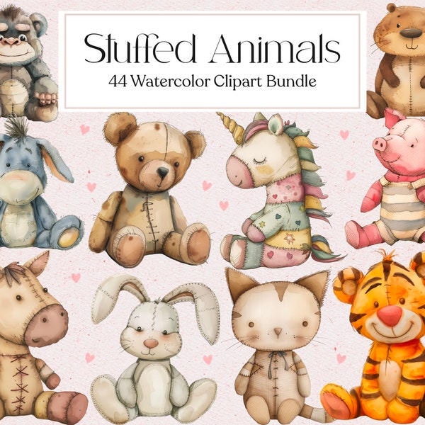 44 Vintage süße Kuscheltiere Clipart, Aquarell Tiere Puppe Clipart, Spielzeug Clipart, kommerzielle Nutzung, Instant Download